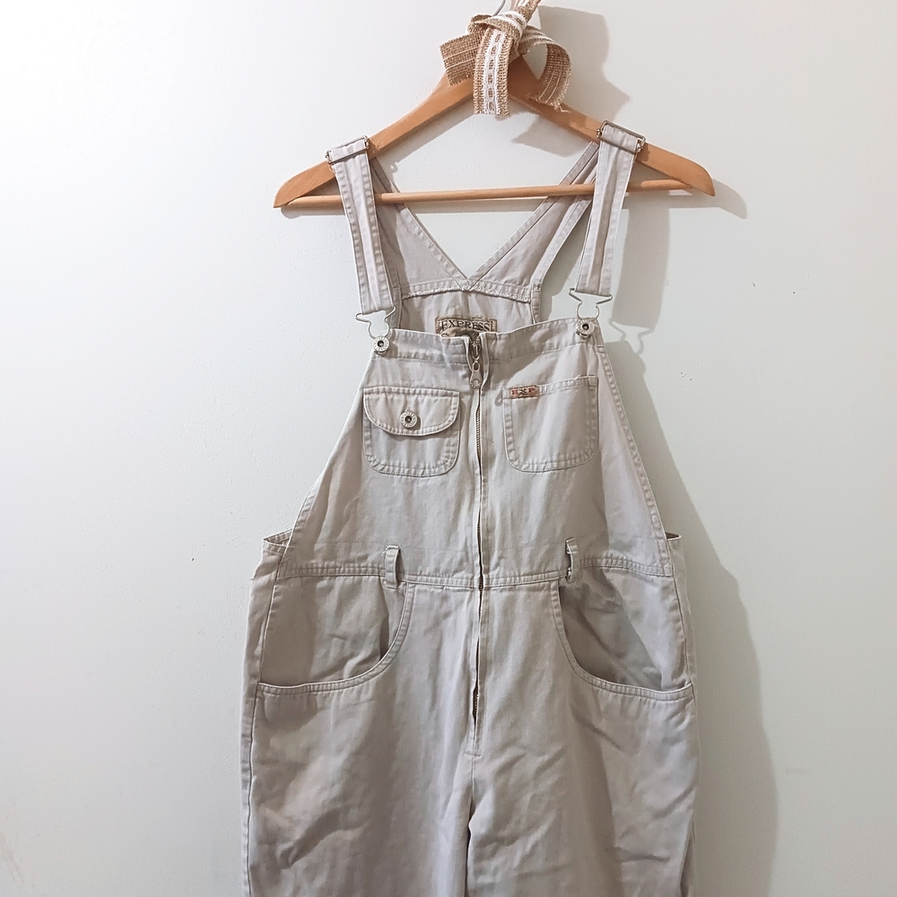 ↠ Vintage 90s Express Jeans Cotton Denim Straight Wide Leg Barn Chore Overalls - Picture 3 of 6